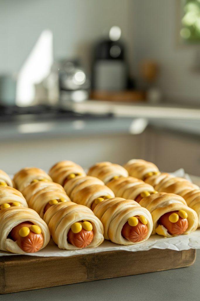 An indoor kitchen island showing a platter of puff-pastry-wrapped hot dogs baked golden, with tiny mustard dots for eyes, arranged in rows like mini mummies. Warm, even lighting; no text or logos in the scene; photo, not illustration.