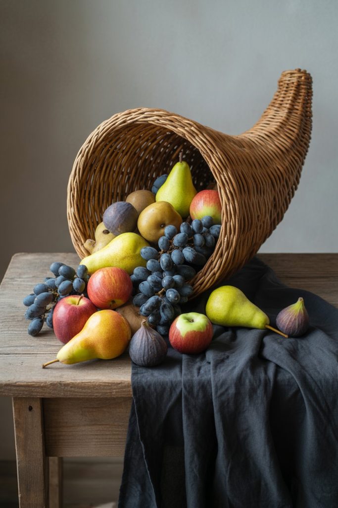 A wicker horn-shaped basket indoors spilling out pears, apples, figs, and clusters of dark grapes onto a table runner of black cheesecloth. No text or logos.