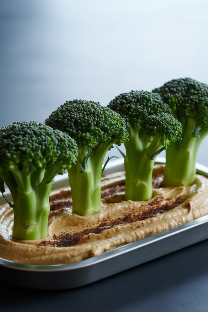 Indoor photo of upright broccoli florets standing in a row on a black tray, their stalks embedded in a band of hummus to stay vertical, with a light dusting of black sesame seeds for “soil.” No text or logos.