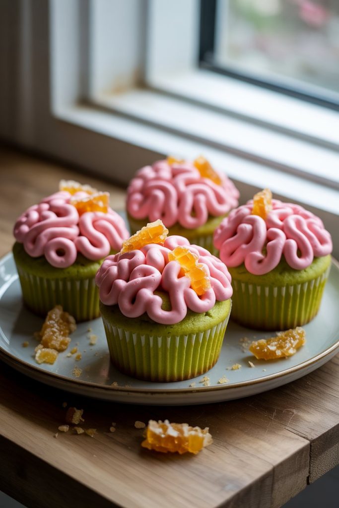 Indoor bright kitchen showing pistachio cupcakes with pink brain-pattern frosting and honeycomb candy shards, no text or logos.