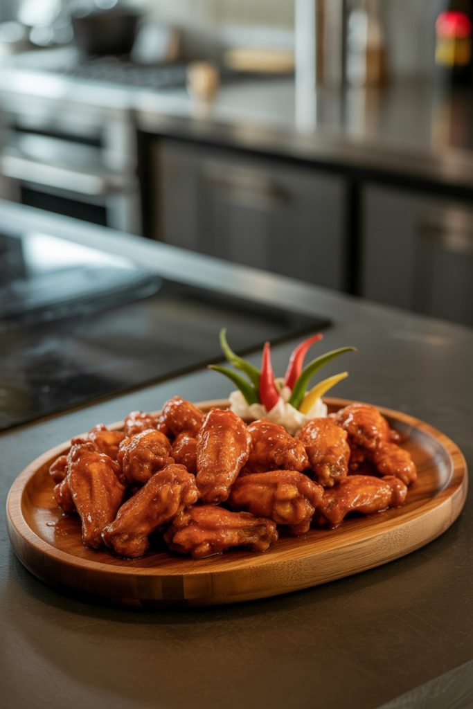 Indoor serving platter of glazed chicken wings with red sauce sheen, small ghost pepper garnish on side for show, no raw peppers touching diners’ servings. No logos or text.