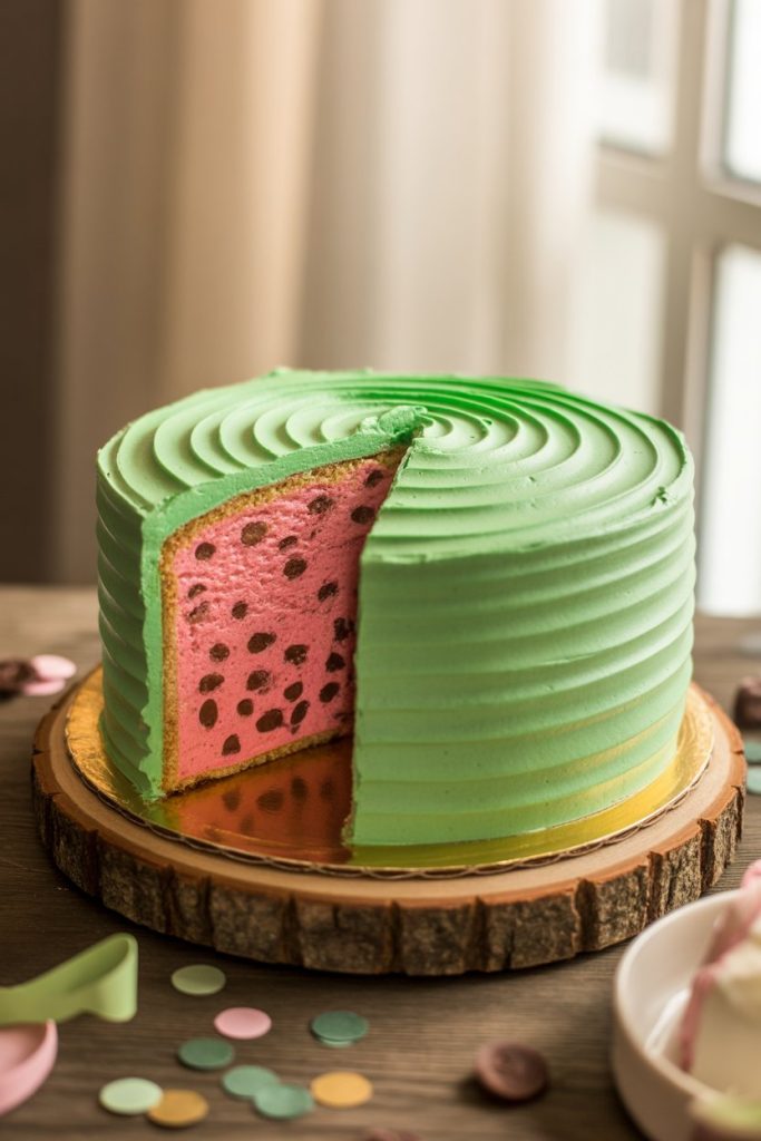 An indoor party table with a round cake frosted green on the outside, cut to reveal pink interior dotted with mini chocolate chip “seeds.” No text or logos. Photo only.