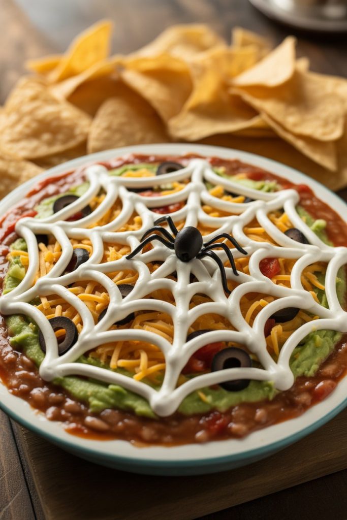 A round pie plate of layered dip with sour-cream spiderweb piped on top and an olive spider, indoors. Photo, no text or logos.