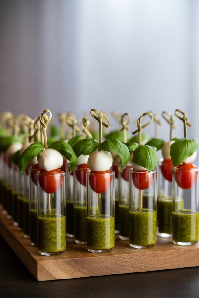 Indoor photo of clear mini test tube-style shot glasses each holding a vertical skewer of cherry tomato, mozzarella ball, and basil leaf, lined up on a wooden board. No text or logos.