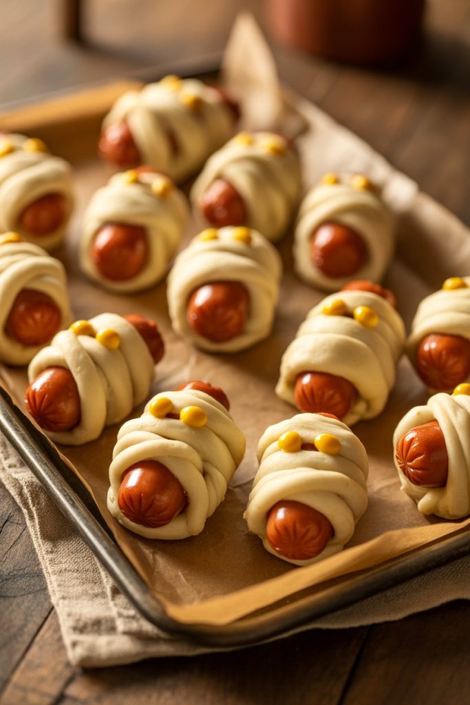 Photo of an indoor countertop with a parchment-lined tray of baked crescent-roll wrapped hot dog pieces, each topped with tiny dots of mustard “eyes.” Warm lighting, no text or logos visible.