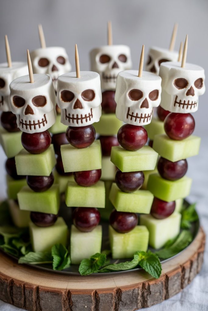 An indoor tray featuring wooden skewers stacked with stacked grapes, melon cubes, and a marshmallow skull topper, laid in a skeletal outline. No text or logos.