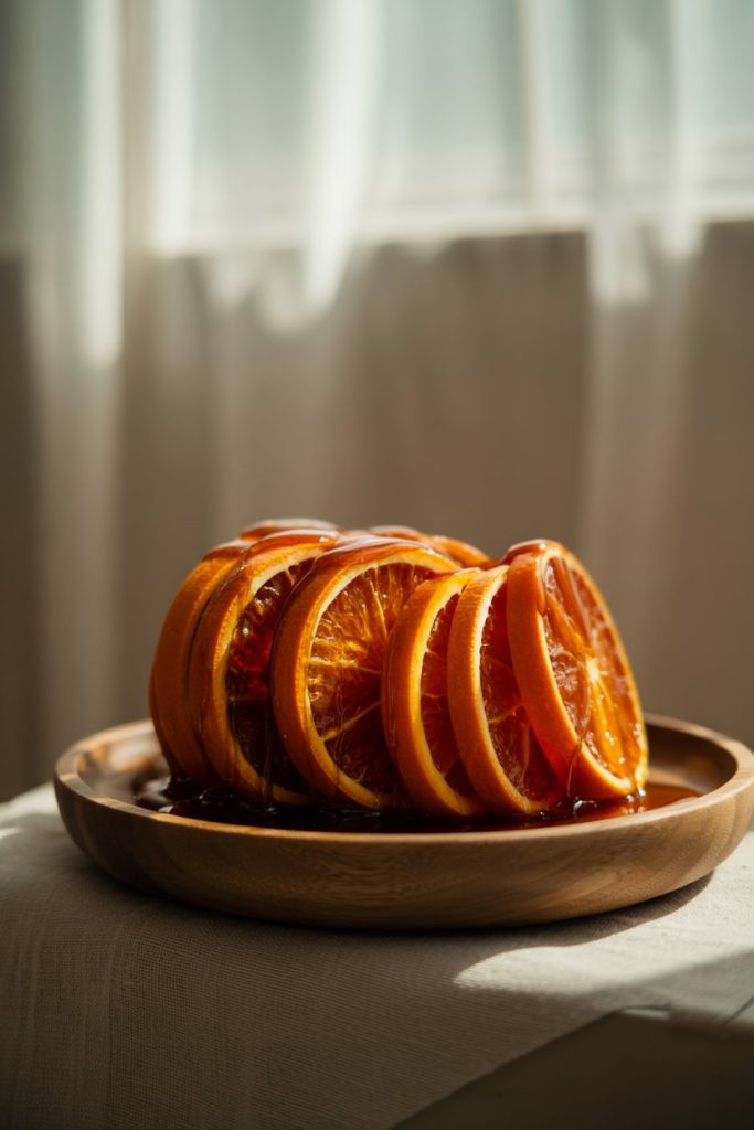 An indoor plate featuring vibrant blood-orange wheels fanned out like a mane, a drizzle of dark honey glistening. No text or logos.
