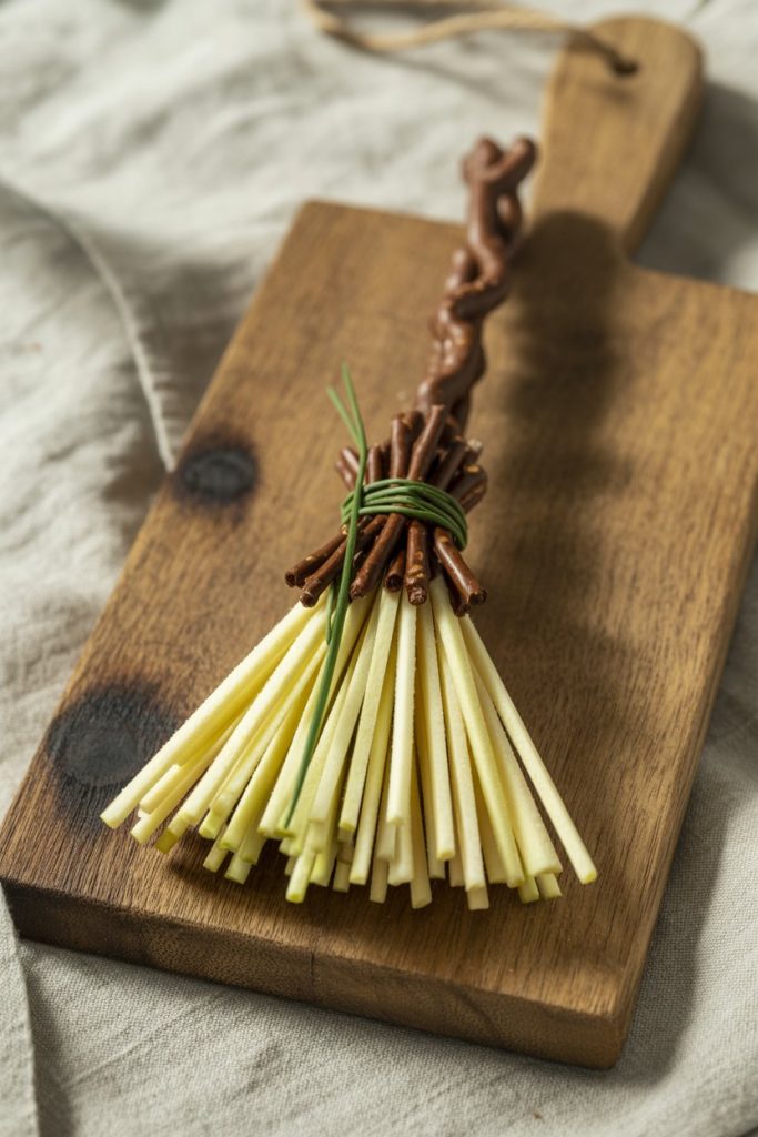 A serving board indoors showing broom handles made from pretzel rods and bristles formed by fanned apple matchsticks, tied with a thin chive. No text or logos.