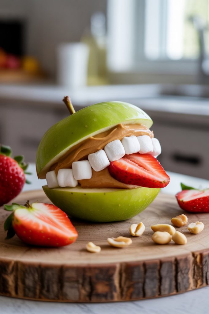 Photo of apple wedges sandwiched with peanut butter, marshmallow teeth, and strawberry tongues, set on indoor snack board. No text or logos.