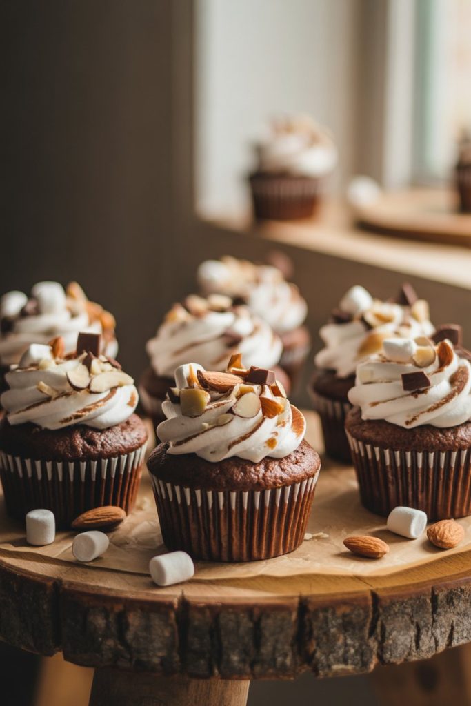 Indoor rustic wooden table showing chocolate cupcakes with marshmallow frosting, toasted almonds, and mini chocolate chunks, no text or logos.