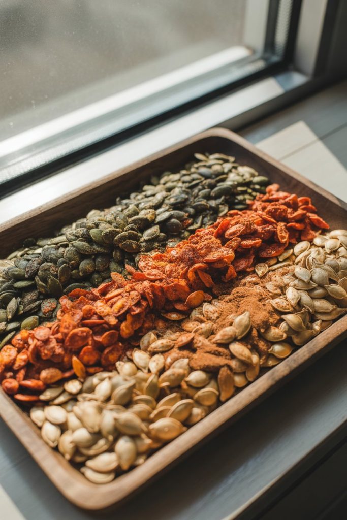 Indoor photo of a shallow tray of roasted pumpkin seeds seasoned three ways—smoky, spicy, and cinnamon—each variety forming a stripe across the tray like colorful sand art. No text or logos.