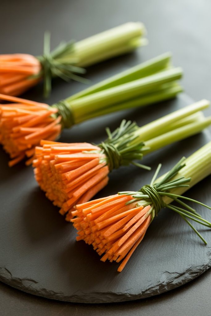 Indoor photo featuring thin celery sticks tied with chive strands to bundles of shredded carrot at one end, arranged like mini broomsticks on a slate platter. Soft warm lighting, no text or logos.