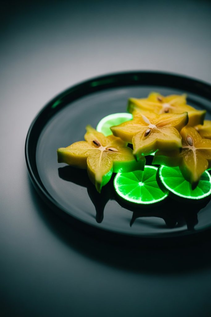 A black plate indoors under a small UV party light, showing starfruit slices and lime wheels glowing softly, no visible text or logos.