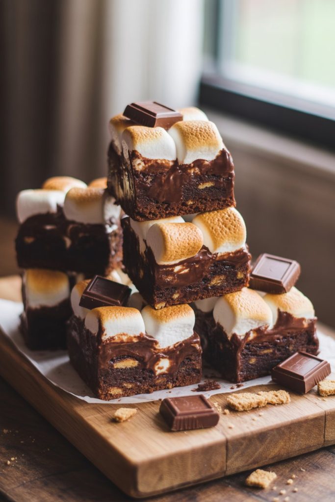 Indoor photo of brownies topped with torched marshmallow peaks, crumbled graham crackers, and chocolate squares, evoking a campfire treat; no text or logos