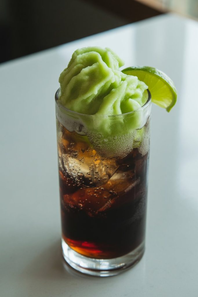 Indoor photo of dark purple grape soda topped with lime sherbet, bubbles foaming over the edge of a clear glass. No text or logos visible.