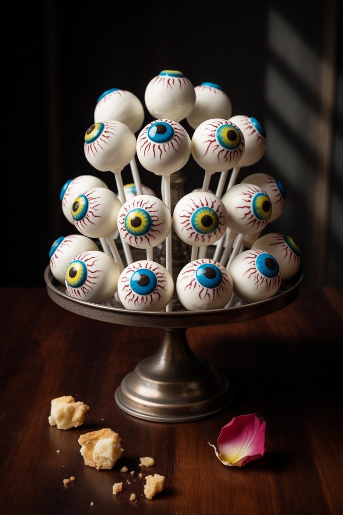 Photo of white-coated cake pops decorated as bloodshot eyeballs with colored irises, set in a stand indoors, no logos or text.