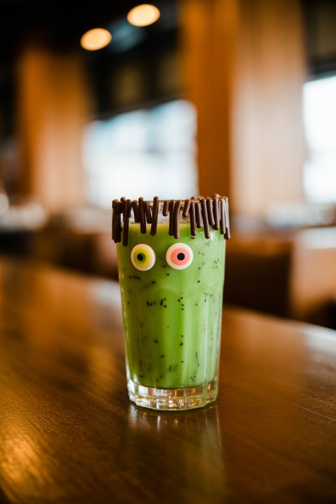 Indoor photo of a bright green kiwi cooler in a clear glass, chocolate sprinkles pressed onto the rim like Frankenstein’s hair, with two candy eyes stuck on the outside. No text or logos.