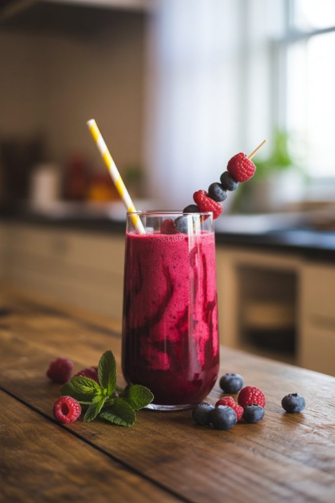Indoor photo of a magenta beet-berry smoothie in a glass tumbler with a striped straw and berry skewer. No text or logos.