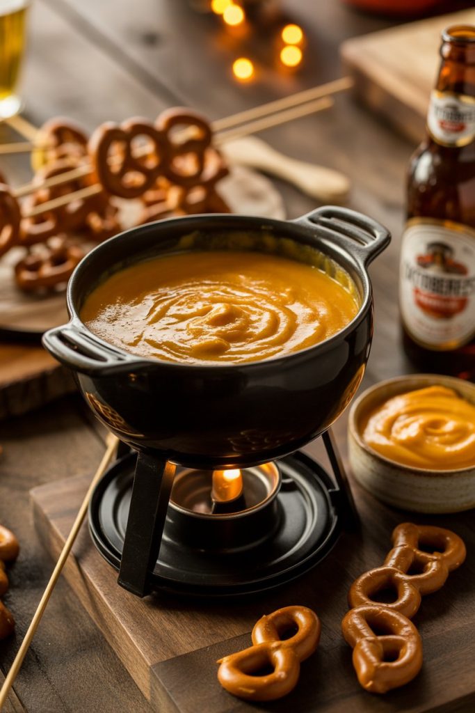 Photo of an indoor fondue pot filled with orange cheese sauce, pretzel bites on skewers nearby, no text or logos.