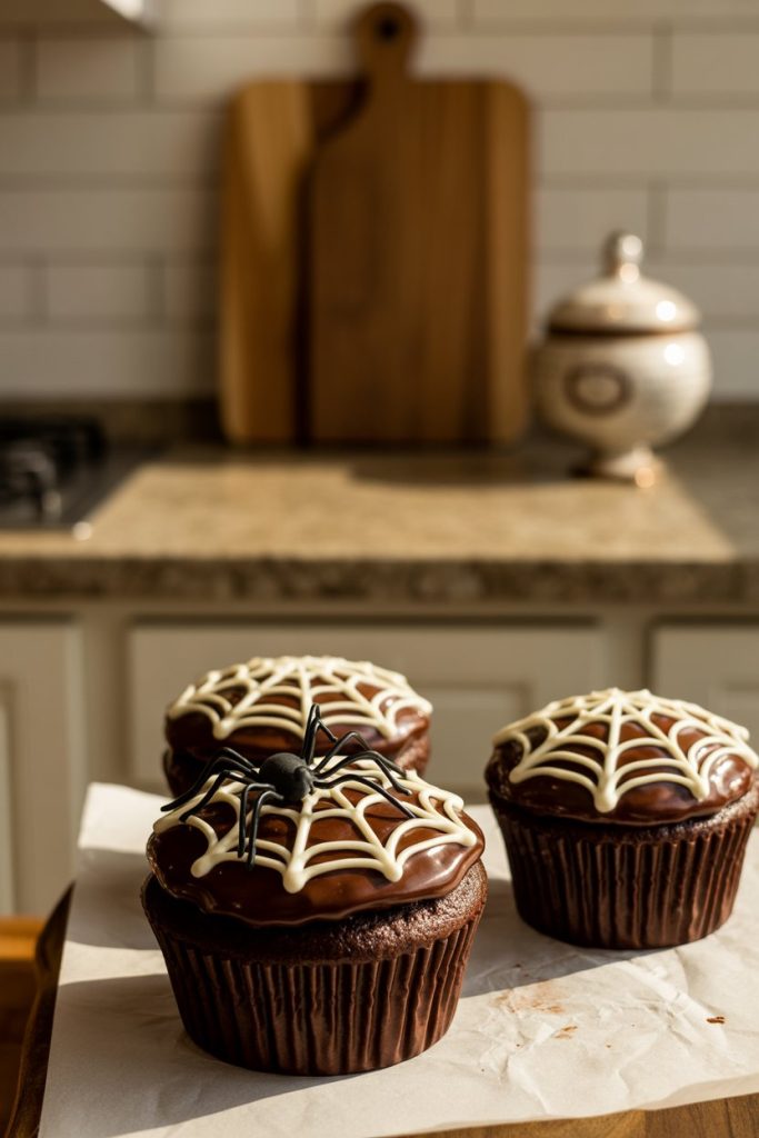 A warmly lit indoor kitchen counter displaying three rich chocolate cupcakes topped with glossy ganache and intricate white frosting spiderwebs, a small plastic spider perched on one cupcake for décor, photographed at a 45-degree angle, no text or logos.