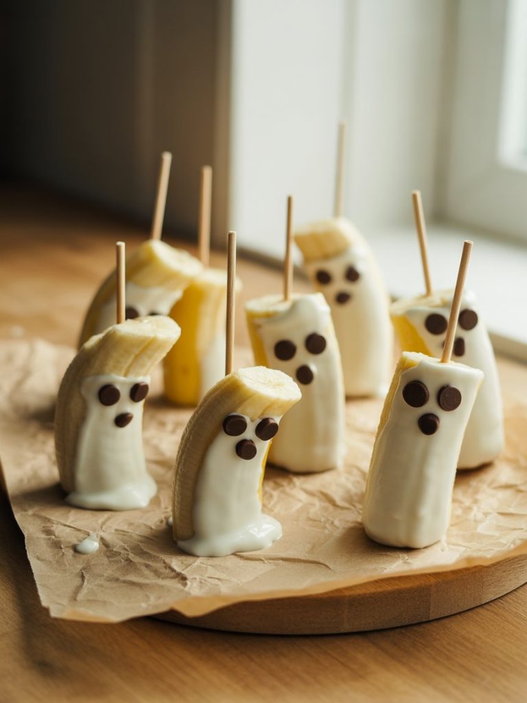A warmly lit kitchen counter displaying half-bananas on lollipop sticks dipped in yogurt, mini chocolate chips for eyes, set on parchment. No text or logos.