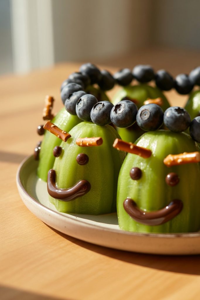 A white ceramic platter indoors with peeled kiwi halves topped by a line of blueberries as hair, tiny pretzel stick bolts on the sides. No text or logos.