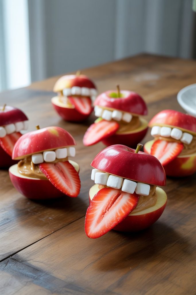 A plate on a dining table featuring red apple wedges sandwiched with peanut butter and strawberry slices as tongues, mini marshmallow teeth lining the edges. No text or logos.