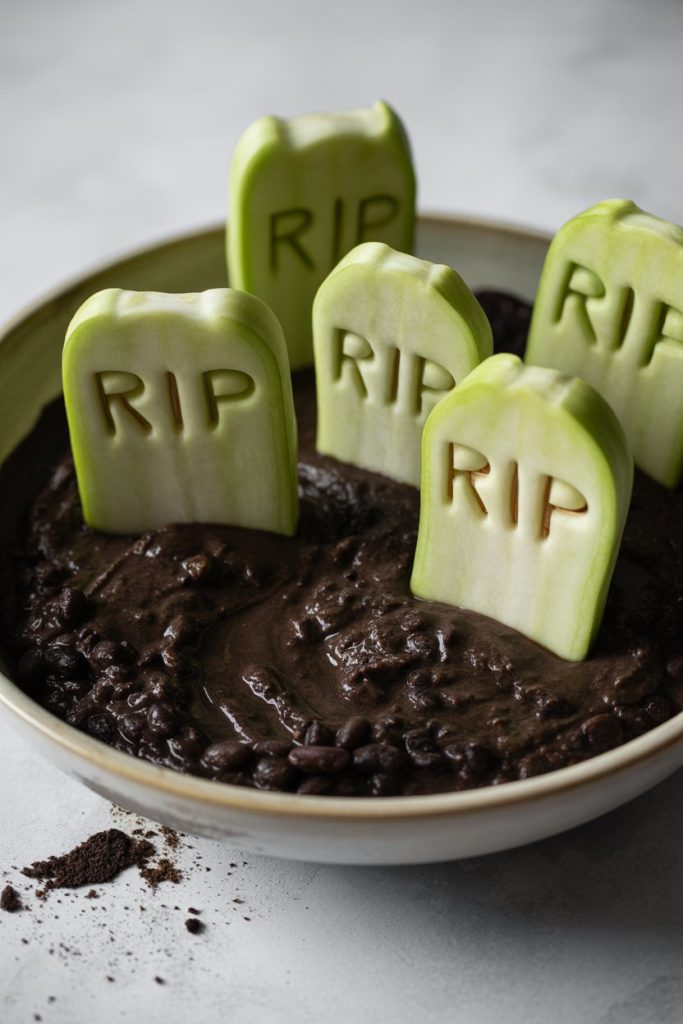 Indoor photo of rectangular kohlrabi slices with rounded tops engraved lightly with toothpick letters to look like tombstones, set upright in a bed of black bean dip. No text or logos.