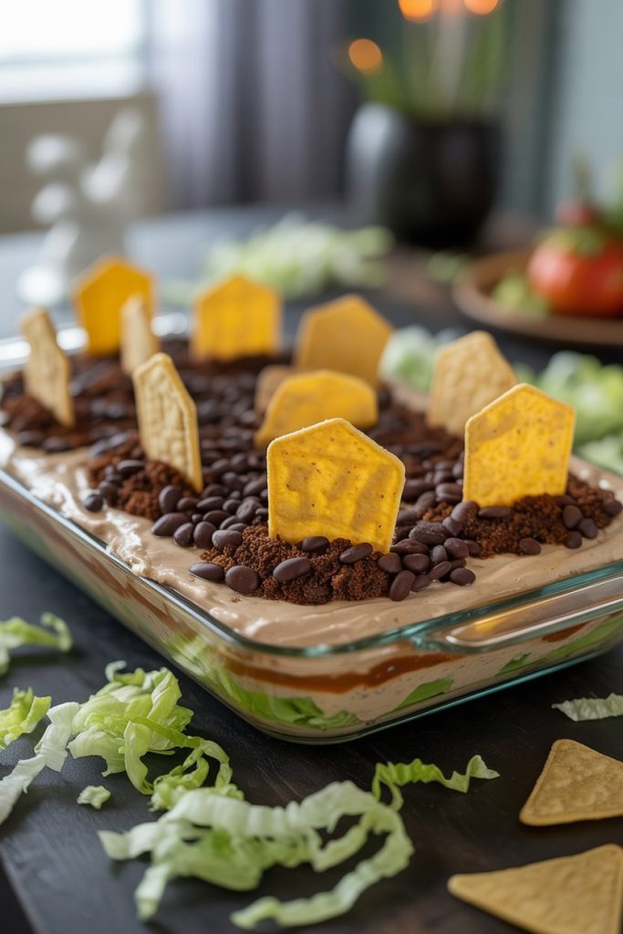 Indoor buffet table featuring a baking dish layered with taco dip, topped with crumbled black beans “dirt,” and tortilla gravestone chips standing upright, a sprinkle of shredded lettuce for grass. No text or logos; photograph.