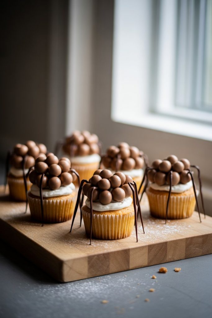 Indoor kitchen counter with almond cupcakes topped by clusters of malted milk “spider eggs” and thin chocolate legs, no text or logos.