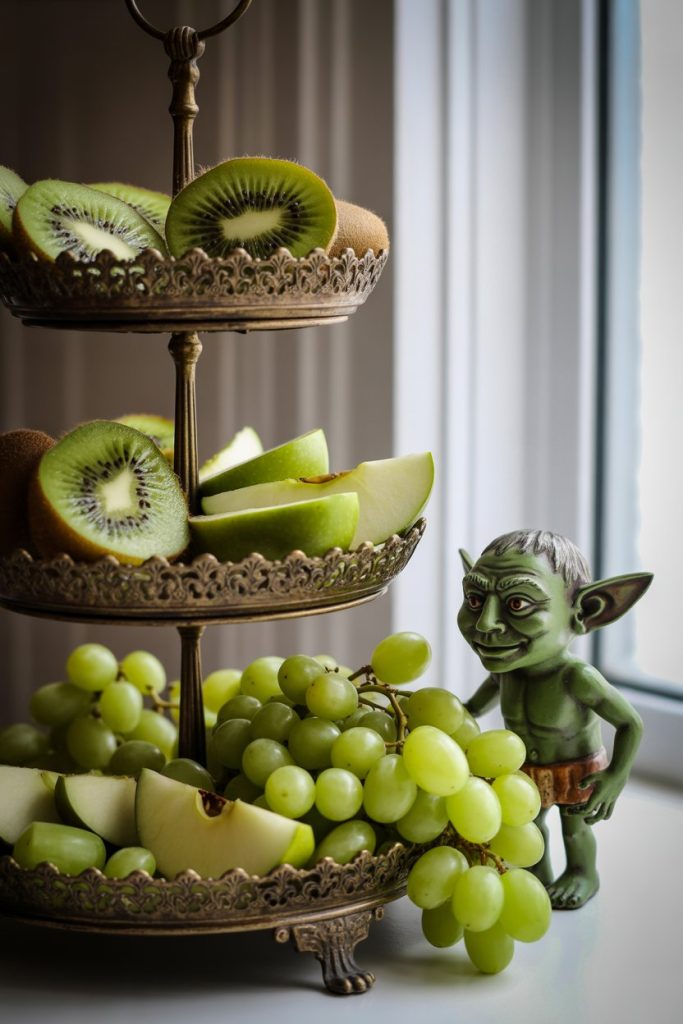 A tiered cupcake stand indoors loaded with kiwi rounds, green apple wedges, and green grapes, toy goblin figure guarding the bottom tier. No text or logos.