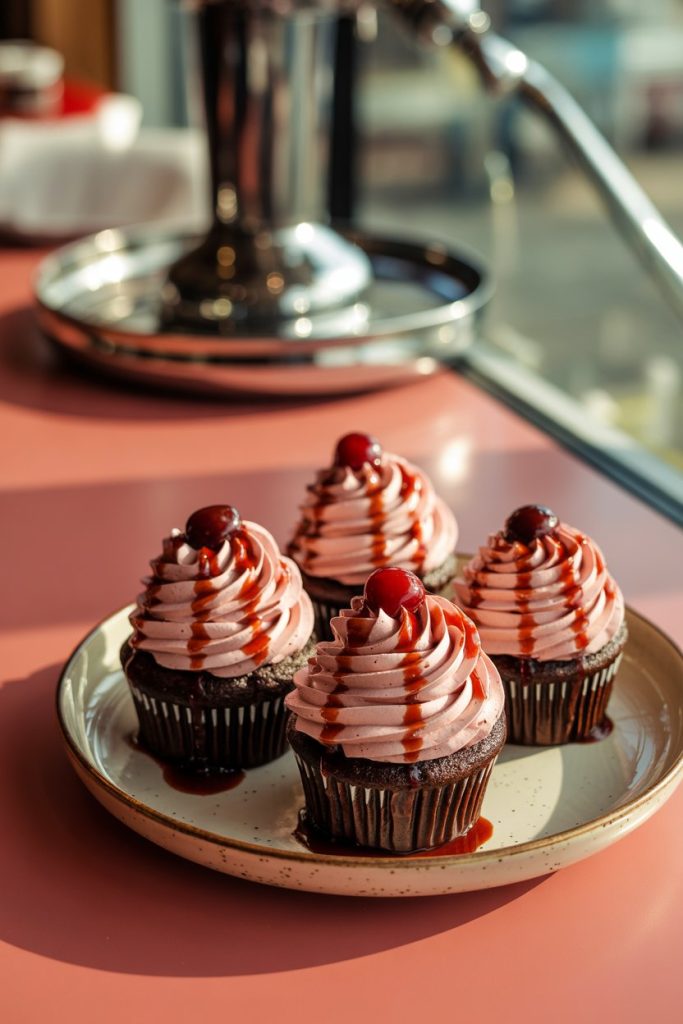Indoor soda-shop-style setting with chocolate cherry cupcakes topped by cola frosting and bright red cherry “blood” drizzle, no text or logos.