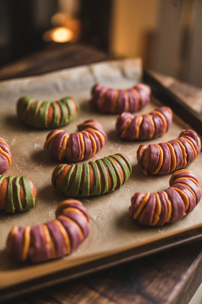 Photo of mini sausages wrapped in tri-color dough strands (purple, green, orange), baked on a parchment indoor baking sheet. No text or logos.