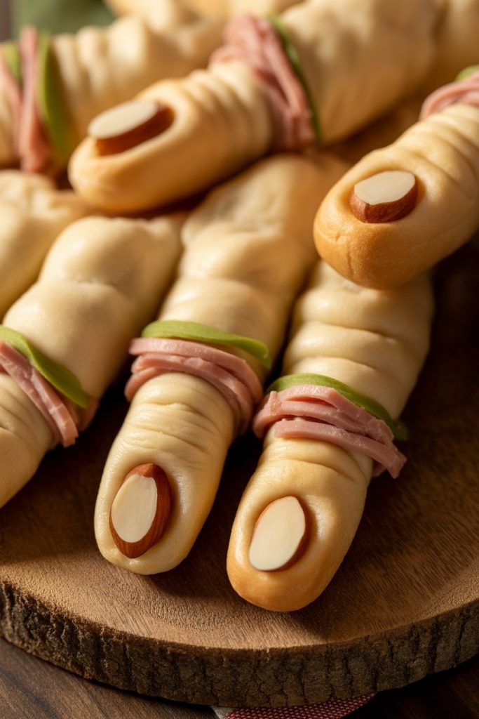 Photo of finger-shaped bread rolls filled with ham salad, scored like knuckles, tinted green, and topped with almond slice "nails," on a rustic wooden board.