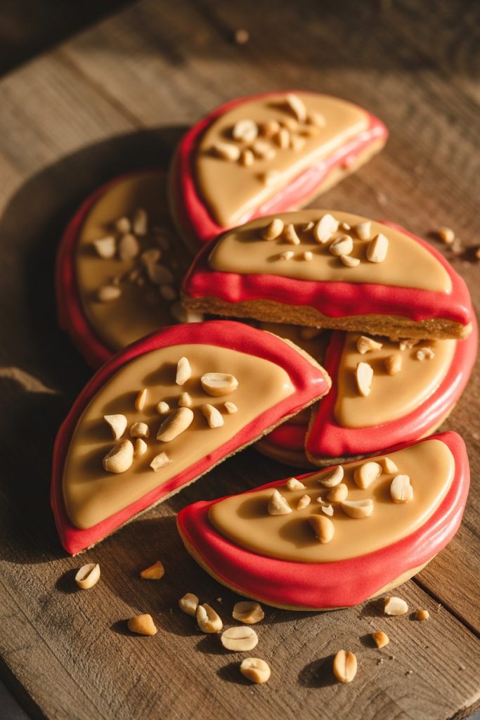 Indoor photo of semicircle cookies glazed red on top, dipped in caramel-colored icing at the bottom with chopped nut sprinkles, no text or logos.