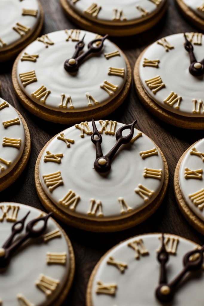 Indoor photo of circular cookies iced ivory with roman numerals and spooky black hands pointing to midnight, no text or logos.