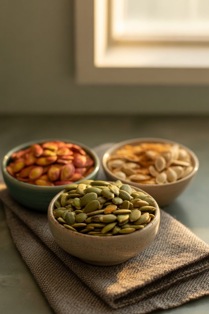 Photo of three small indoor bowls holding roasted pumpkin seeds: one spicy, one sweet cinnamon, one herb-garlic, set on a dark napkin. No text or logos.