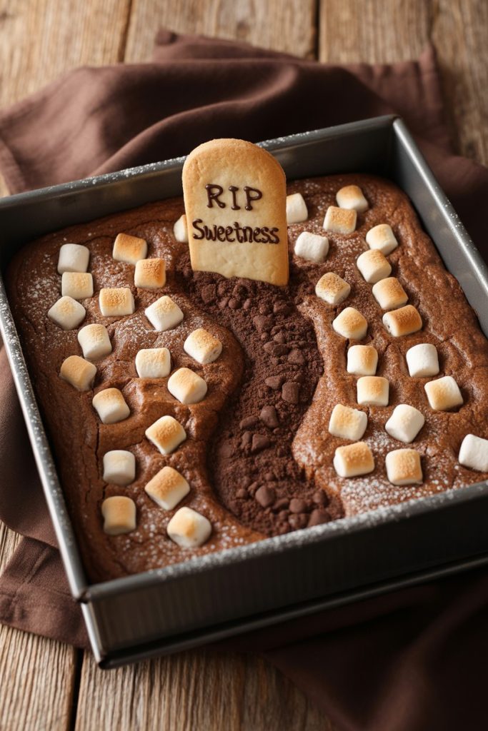 Indoor shot of brownies studded with half-melted mini marshmallows and cookie crumb path leading to a candy gravestone; no text or logos