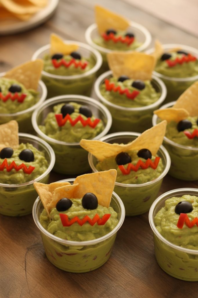 Photo of clear plastic cups of guacamole with olive “eyes” and strips of bell pepper “mouths,” set on an indoor party table. No text or logos.