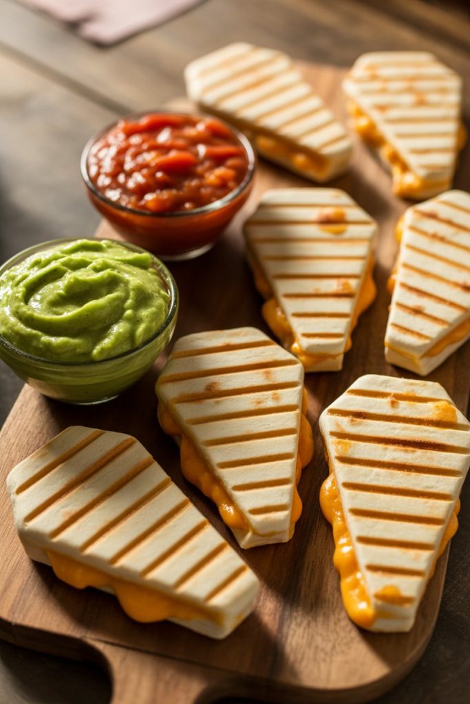 Photo of cheese-filled quesadilla wedges cut into coffin shapes, grill-marked, resting on an indoor serving board with bowls of salsa and guacamole. No text or logos.