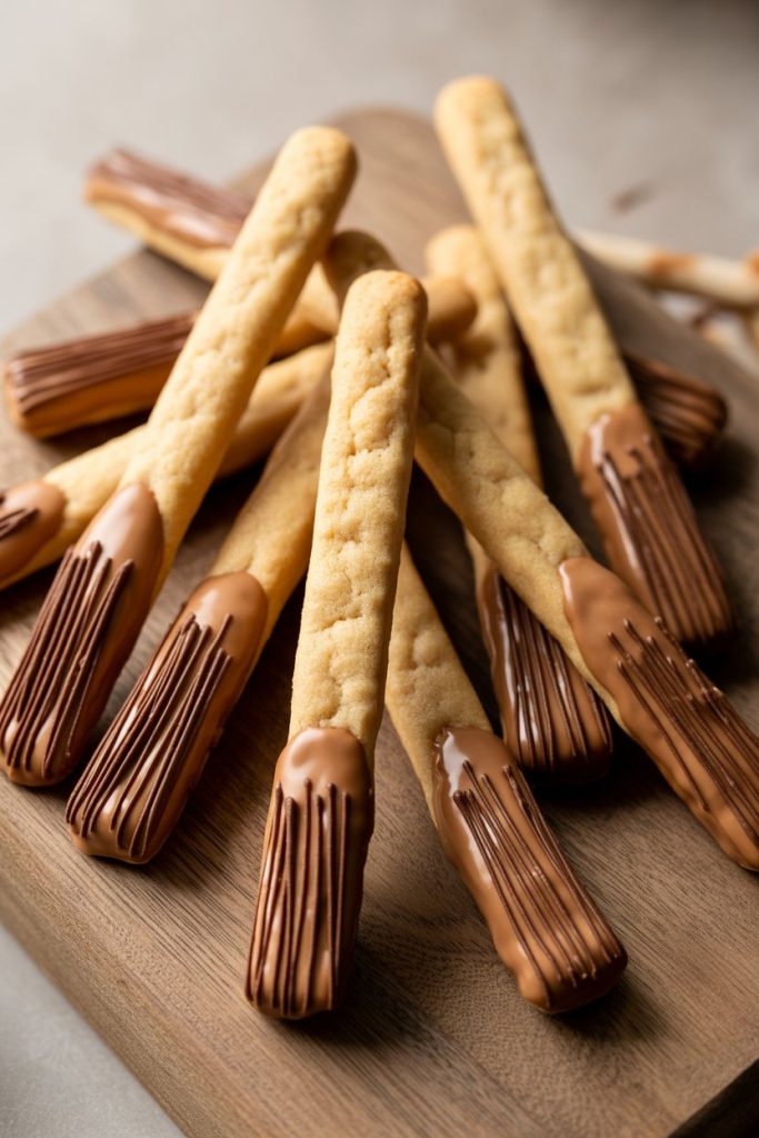 Indoor photo of elongated cookie sticks dipped in caramel icing at one end and decorated with chocolate bristle lines, no text or logos.