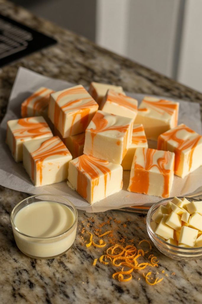 A bright indoor kitchen counter with square pieces of swirled white-and-orange fudge, some cut into ghost shapes. Photo only, no text or logos.