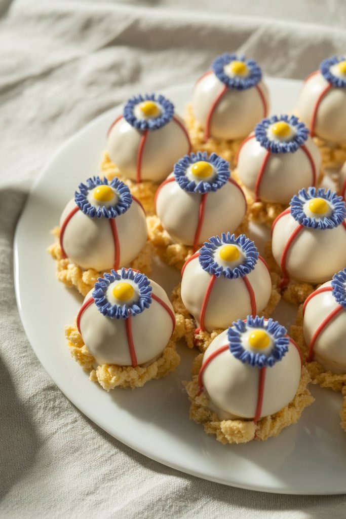 A white indoor platter of round cake pops coated in white chocolate, each featuring a colored candy iris and red icing “veins.” Photo only, no text or logos.