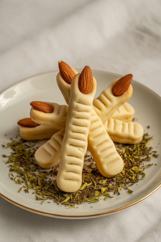 A porcelain indoor plate with slender tea-infused shortbread cookies shaped like fingers, each tipped with an almond “nail.” Photo only, no text or logos.