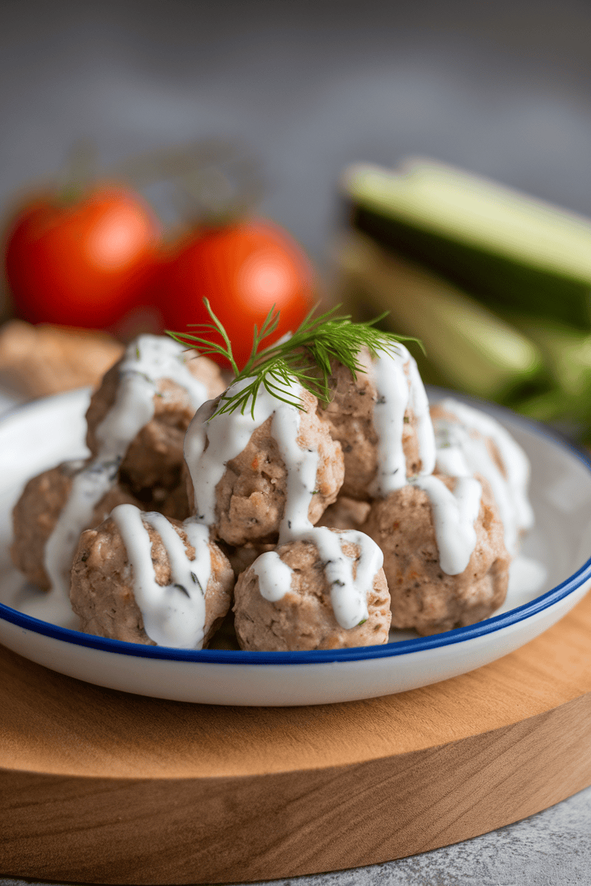 Indoor plate of small turkey meatballs drizzled with tzatziki sauce, garnished with dill, no text or logos.