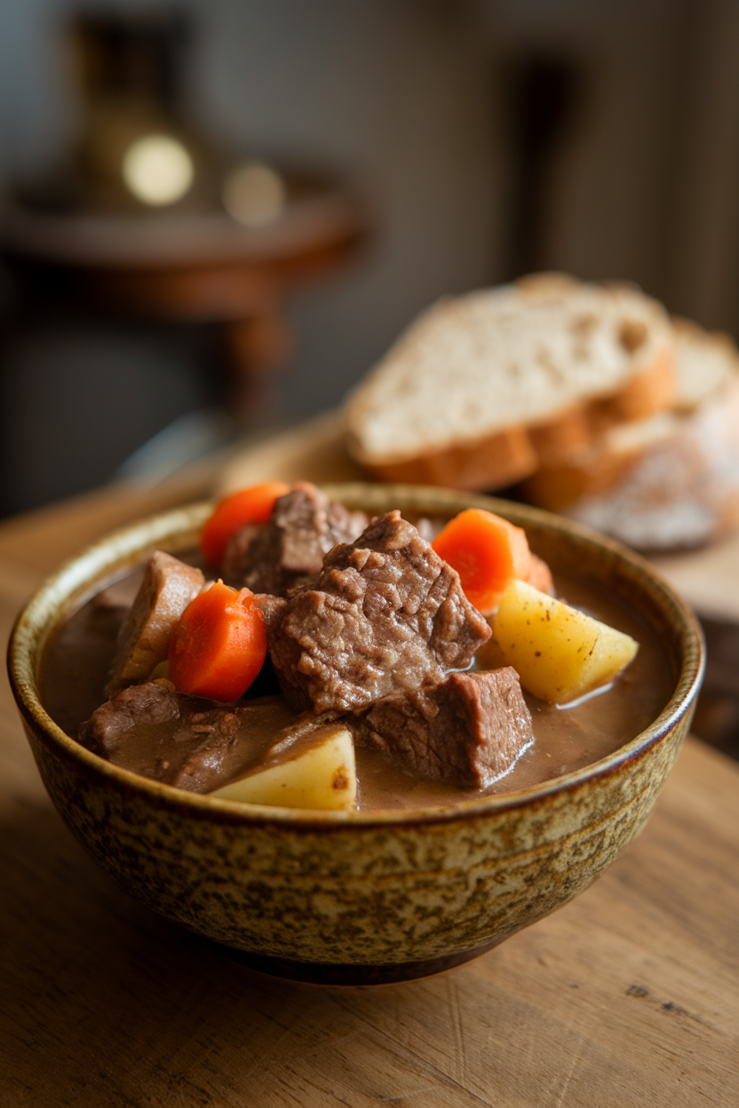 Indoor photo of a rustic bowl filled with chunky beef stew—tender beef cubes, carrots, and potatoes in a rich brown gravy—with a slice of crusty bread on the side. Soft table lighting, no logos.