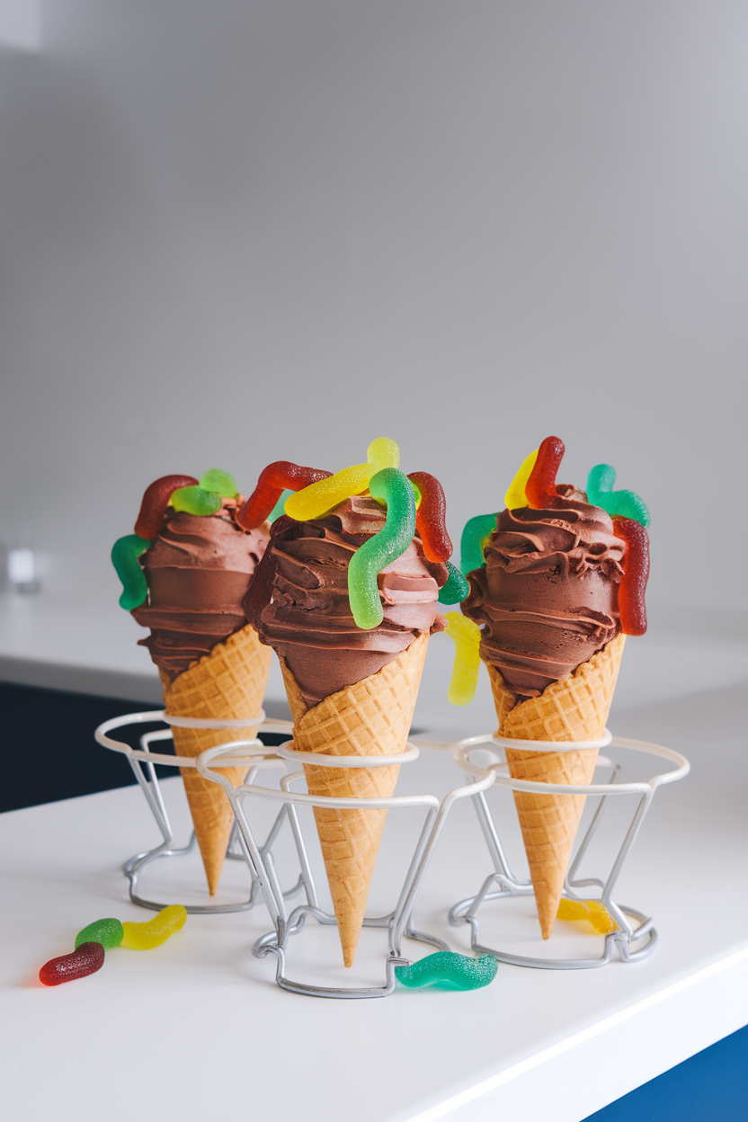 Photo of ice-cream cones filled with chocolate cake, frosted, and topped with gummy worms crawling out, indoor countertop scene, no text or logos.