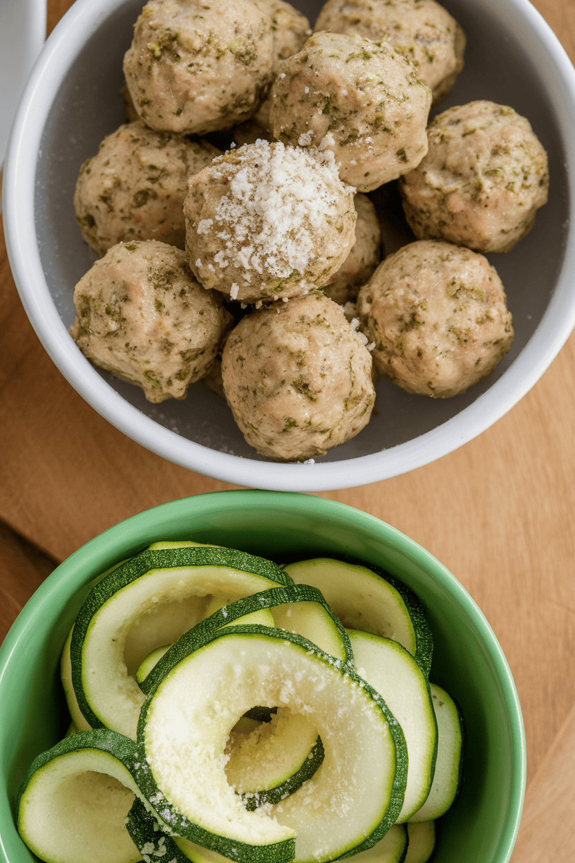 Indoor image of bite-sized pesto chicken meatballs with chilled zucchini ribbons and a sprinkle of grated Parmesan; no text or logos.