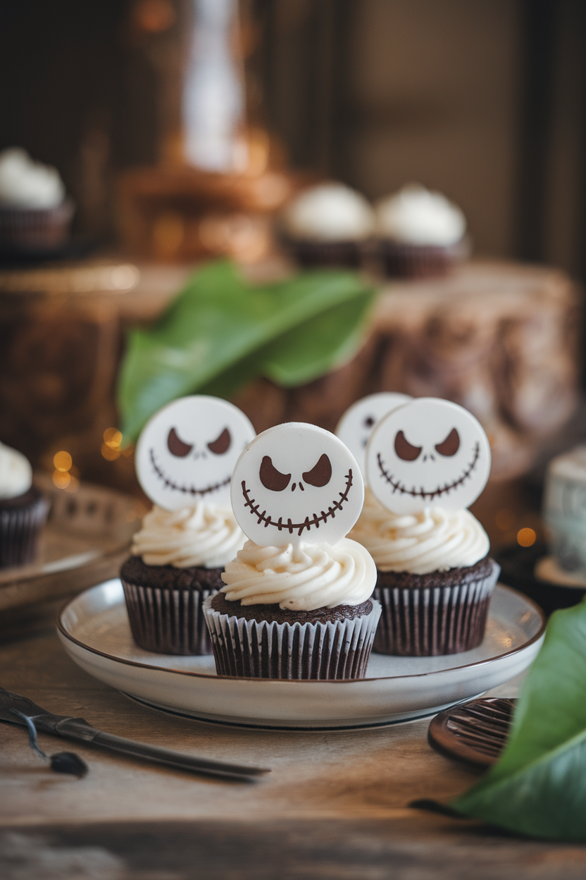 Indoor scene with dark cocoa cupcakes frosted in white peppermint buttercream and shaded to resemble Jack Skellington faces, no text or logos.