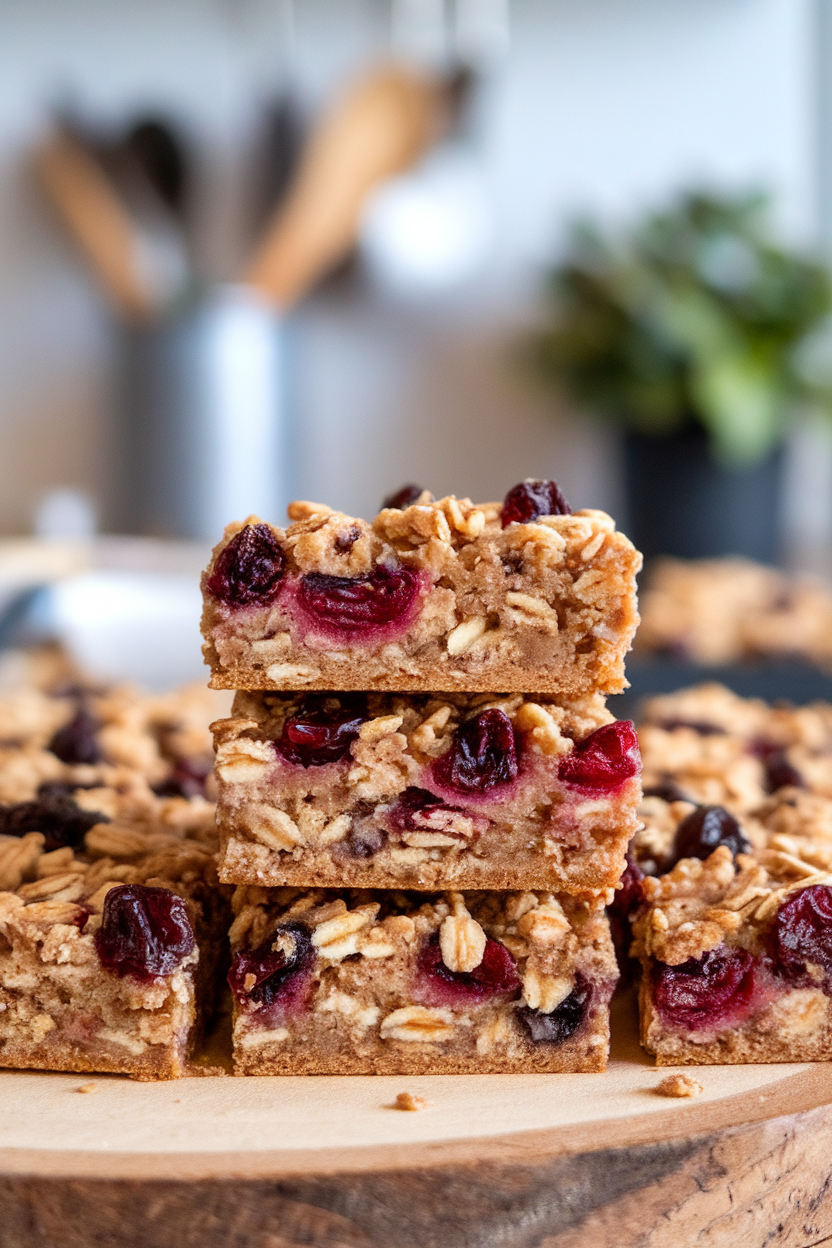 Indoor pan of oatmeal cranberry bar cookies cut into neat squares, showing layers of oats and fruit. No logos or text. Photo, not illustration.
